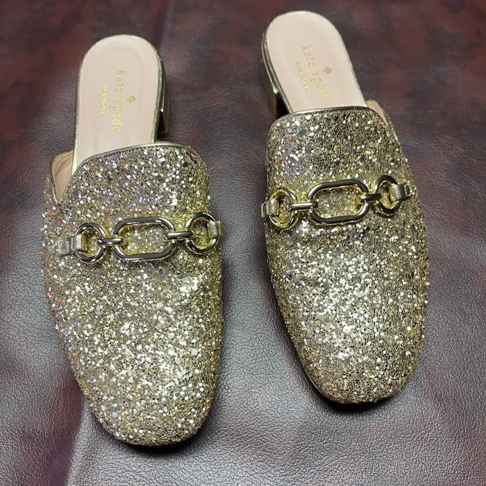 Kate Spade‎ gold glitter Glendi mules, size 6